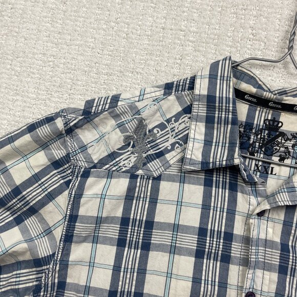 Y2K Guess Shirt Mens XXL Blue Plaid Grunge Button Up Distressed Punk lily flower - Picture 8 of 13